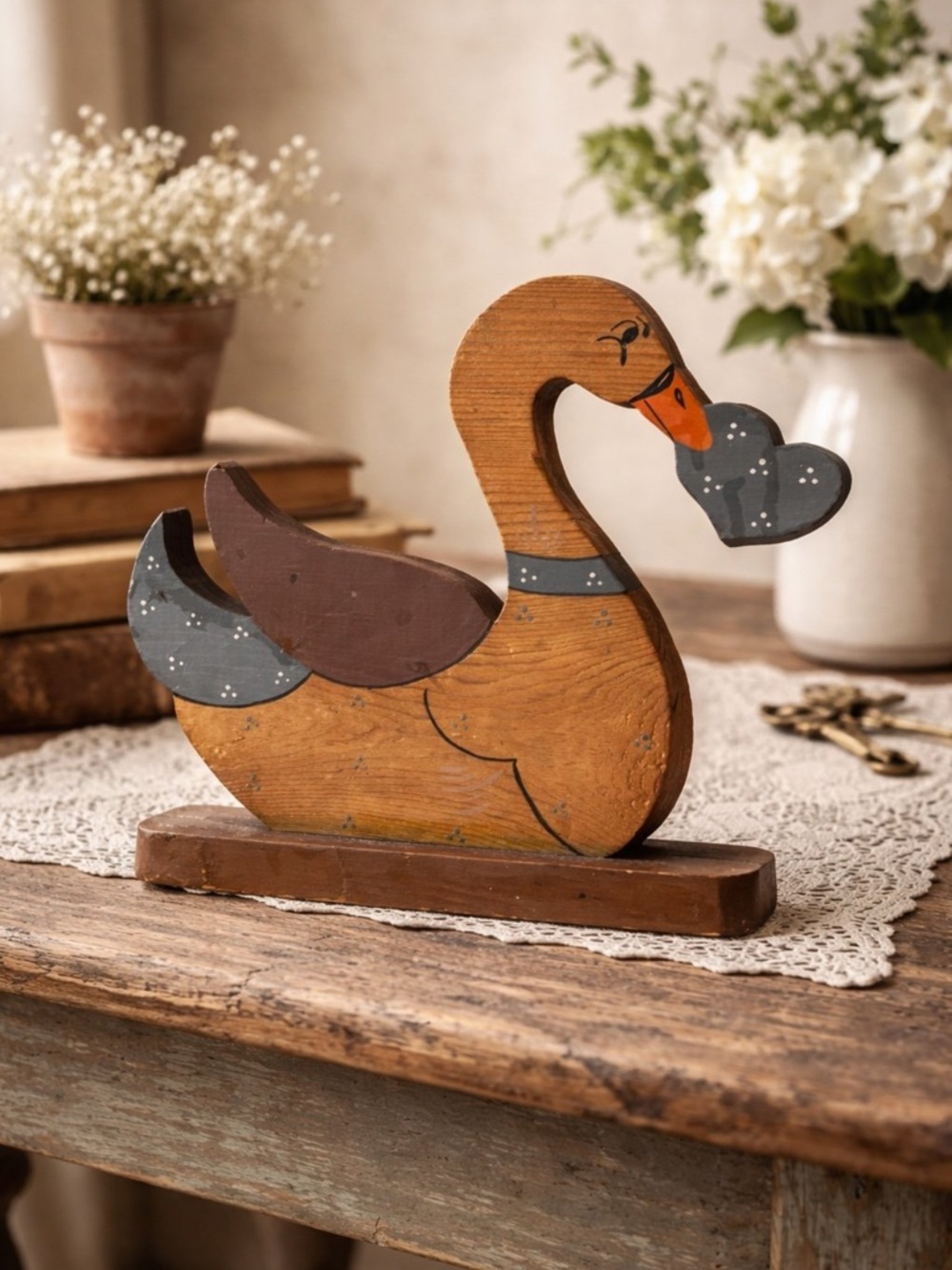 Vintage Wooden Swan Shelf Decor